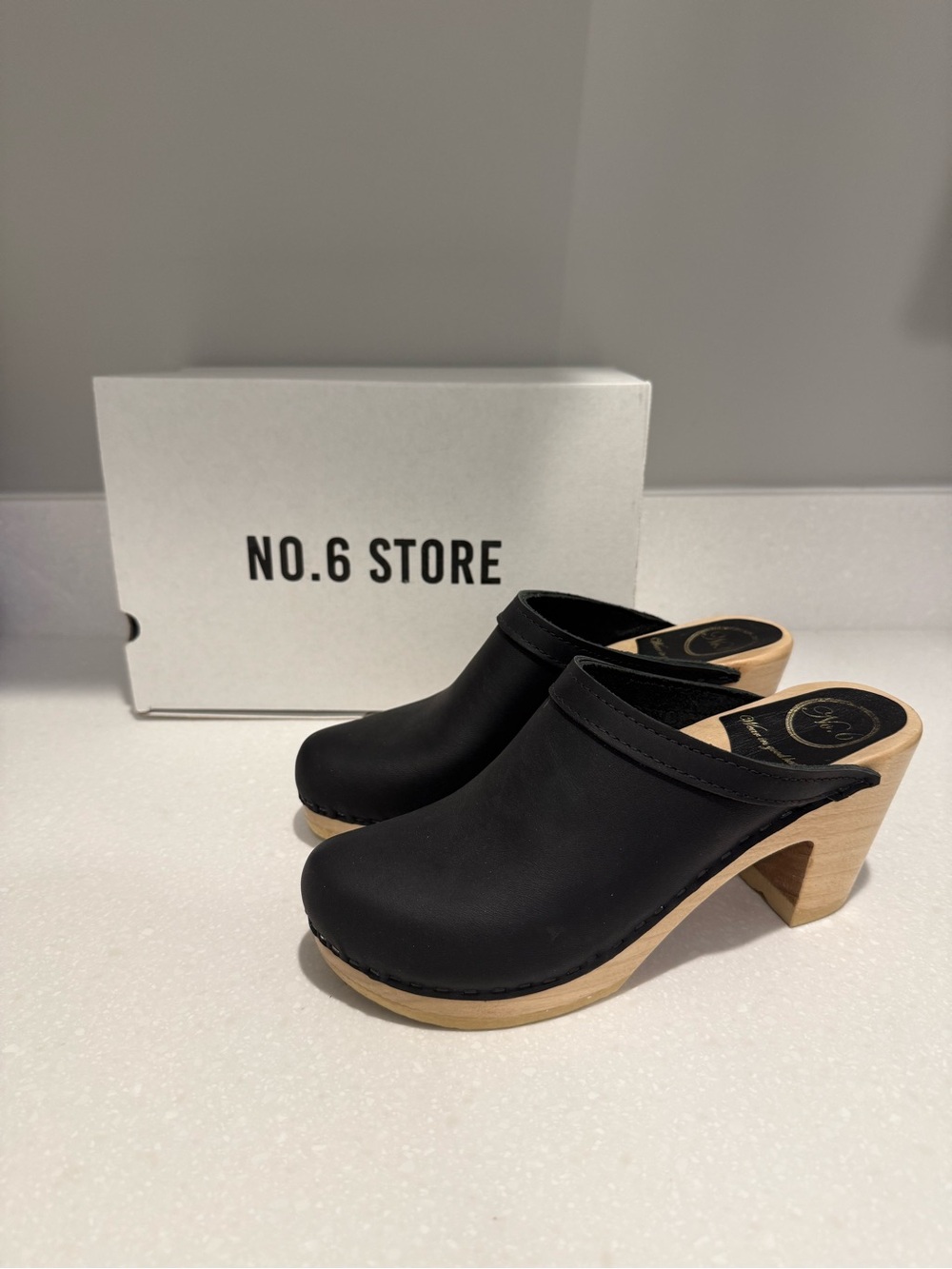 No. 6 Black Leather Clogs with Natural Wood Heel